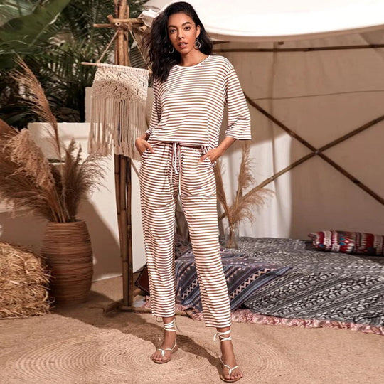 Damen Jersey-Loungehose mit elastischem Bund Tunnelzug Eingrifftaschen geradem Bein Shop Nory