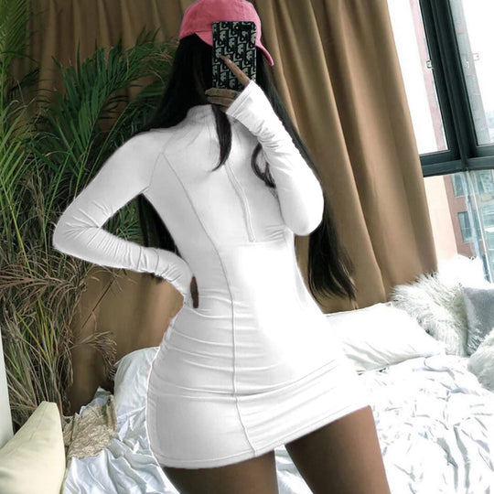 Damen Figurbetontes Langarm-Minikleid mit Stehkragen und Frontreißverschluss Shop Nory