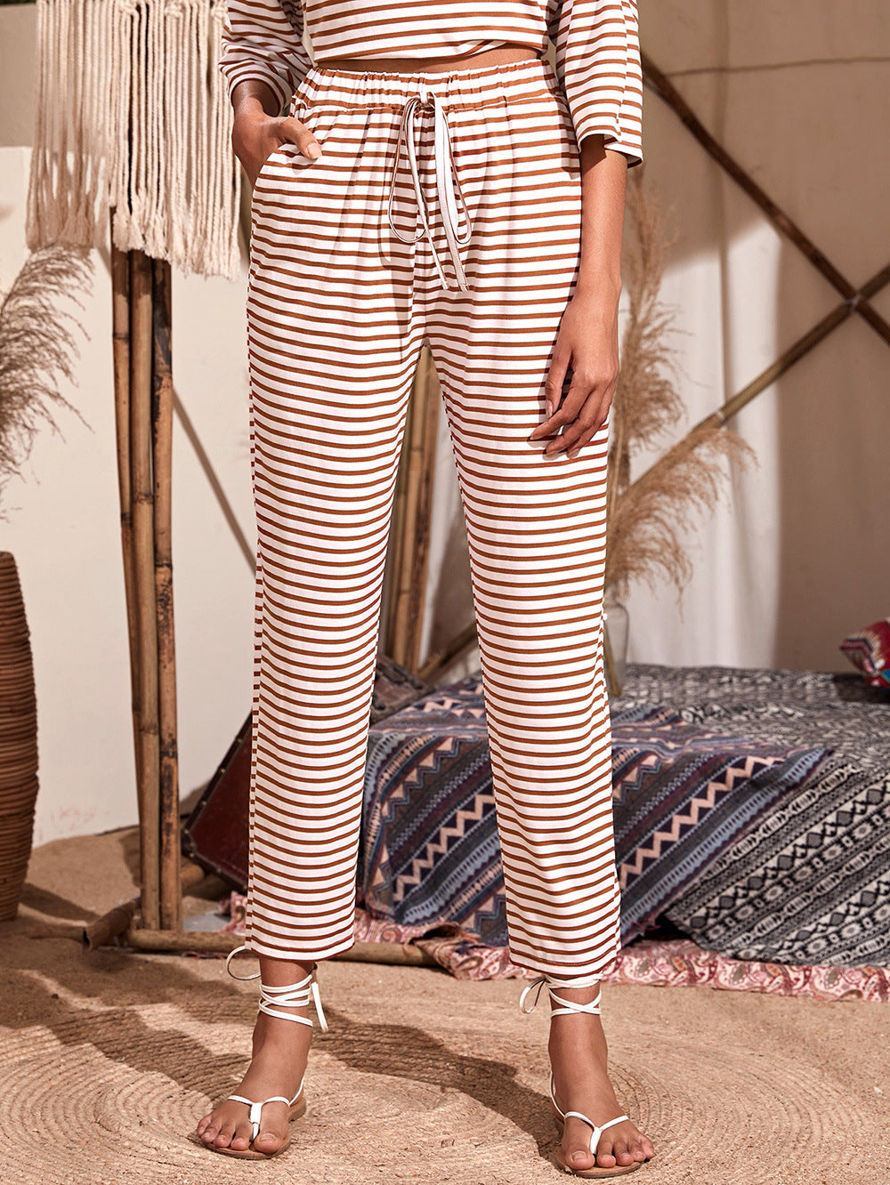 Damen Jersey-Loungehose mit elastischem Bund Tunnelzug Eingrifftaschen geradem Bein Shop Nory