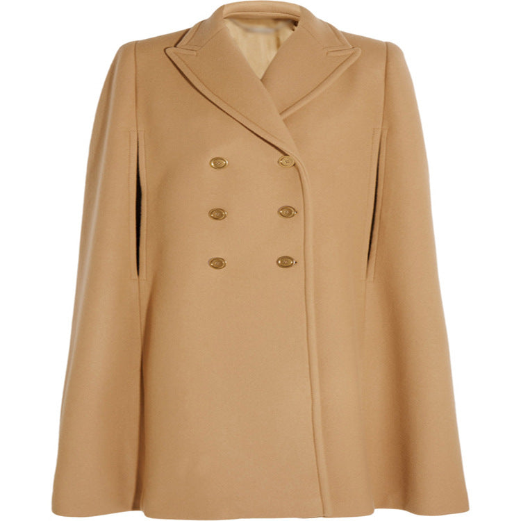 Damen taillierter Wollmix-Cape-Mantel mit verdeckten Armöffnungen und Zweireiher-Tailoring Shop Nory
