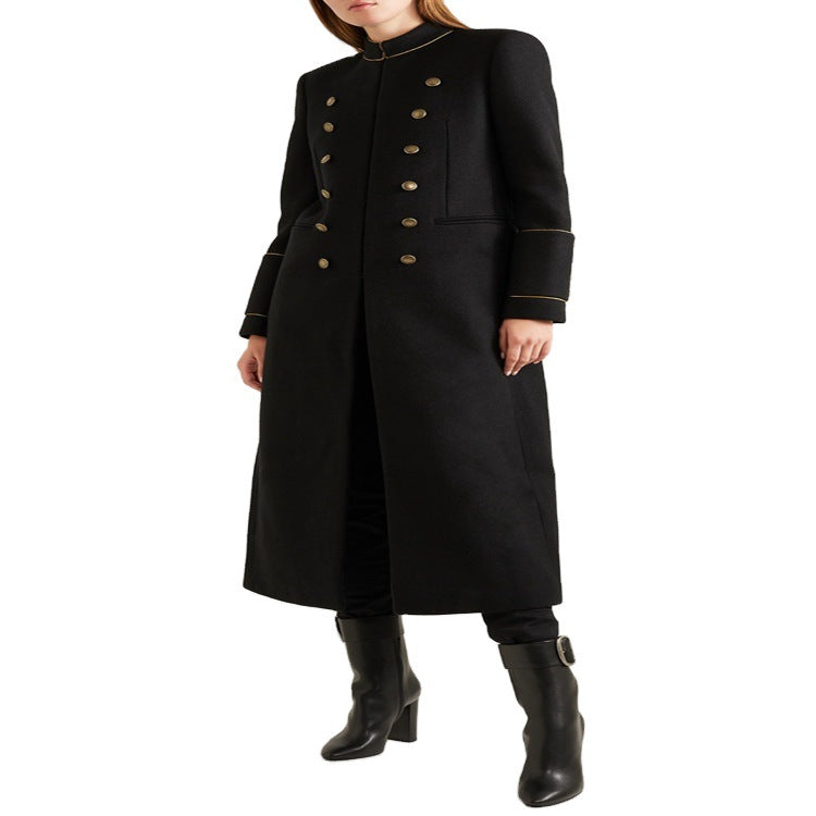 Damen Langer Militärischer Wollmantel mit goldenen Zierknöpfen und Stehkragen Shop Nory