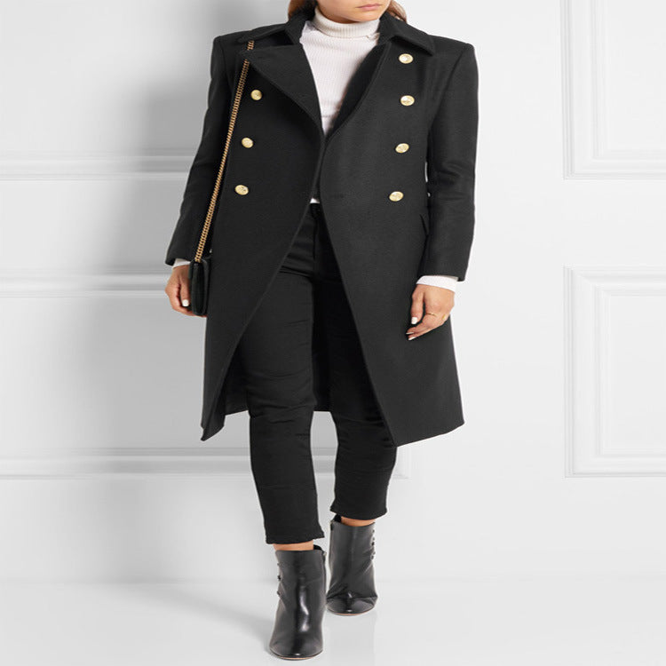 Damen Asymmetrischer Midilanger Wollmix-Mantel mit doppeltreihiger Knopfleiste und goldenen Zierknöpfen Shop Nory