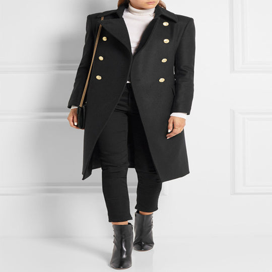 Damen Asymmetrischer Midilanger Wollmix-Mantel mit doppeltreihiger Knopfleiste und goldenen Zierknöpfen Shop Nory