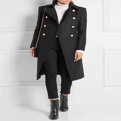 Damen Asymmetrischer Midilanger Wollmix-Mantel mit doppeltreihiger Knopfleiste und goldenen Zierknöpfen Shop Nory