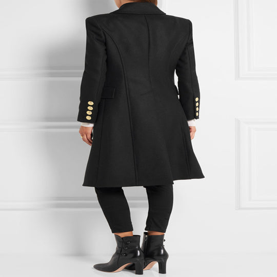 Damen Asymmetrischer Midilanger Wollmix-Mantel mit doppeltreihiger Knopfleiste und goldenen Zierknöpfen Shop Nory