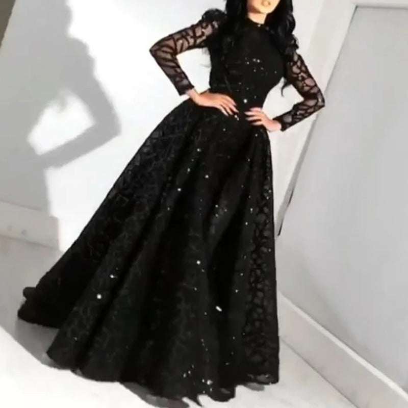 Damen Elegantes Abendkleid mit transparenten Ärmeln und glitzerndem Oberteil