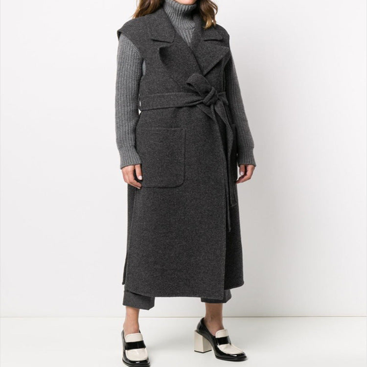 Damen Maxilanger ärmelloser Wollmix-Mantel mit weitem Schalkragen und Bindegürtel Shop Nory