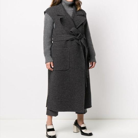 Damen Maxilanger ärmelloser Wollmix-Mantel mit weitem Schalkragen und Bindegürtel Shop Nory