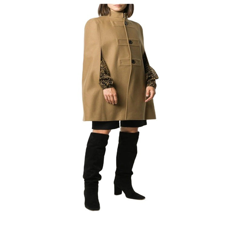 Damen Wollmix‑Cape mit Stehkragen, verdeckten Armöffnungen und puristischem Tailoring Shop Nory