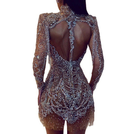 Damen Glamouröses Pailletten-Minikleid mit hochgeschlossenem Design und transparenten Ärmeln