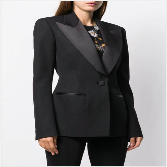 Damen Tailliertes Smoking-Blazerjackett mit Satin-Schalkragen und präzisem Tailoring Shop Nory