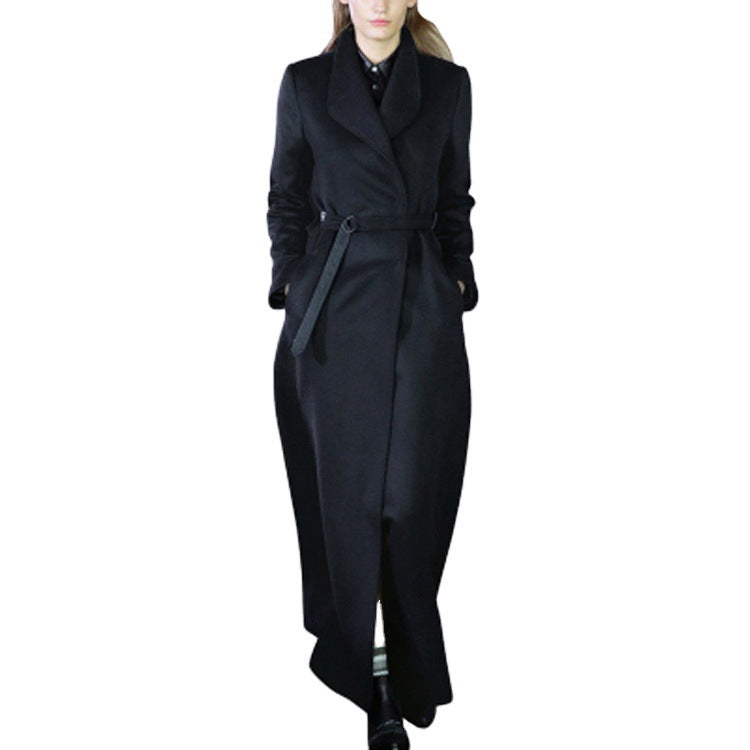 Damen Maxilanger taillierter Wickel-Longcoat mit Schalkragen und feinem Bindegürtel Shop Nory