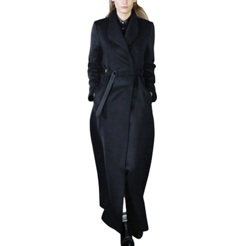 Damen Maxilanger taillierter Wickel-Longcoat mit Schalkragen und feinem Bindegürtel Shop Nory
