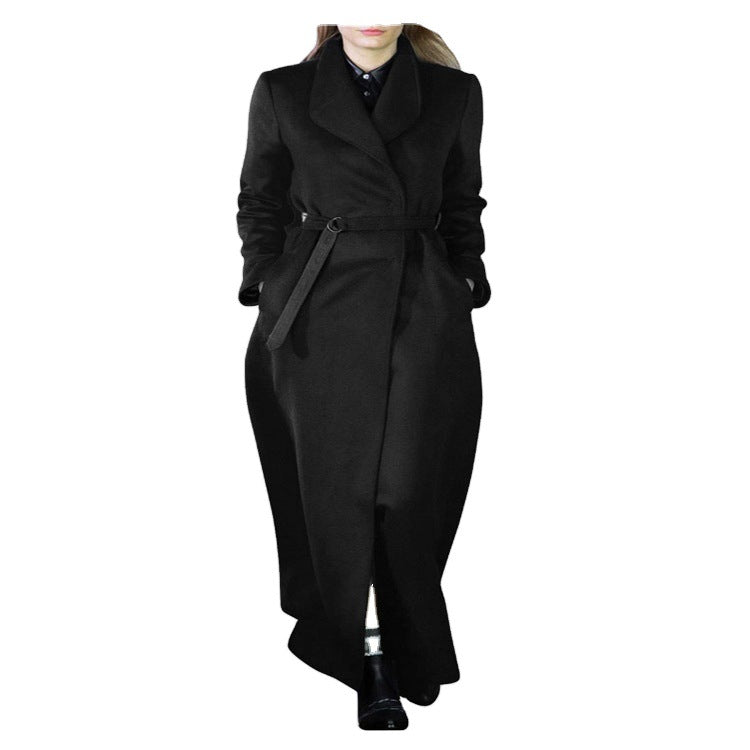 Damen Maxilanger taillierter Wickel-Longcoat mit Schalkragen und feinem Bindegürtel Shop Nory