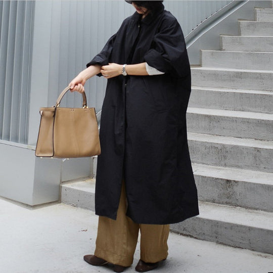 Damen Langer Oversize-Dustercoat mit Rückenschlitz, überschnittener Schulter und praktischen Eingrifftaschen Shop Nory