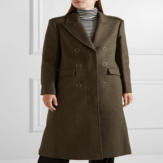 Damen doppelreihiger taillierter Wollmantel mit Reverskragen und Pattentaschen Shop Nory