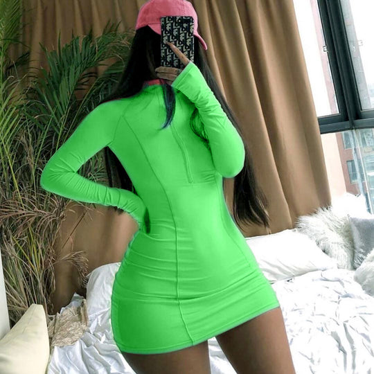 Damen Figurbetontes Langarm-Minikleid mit Stehkragen und Frontreißverschluss Shop Nory