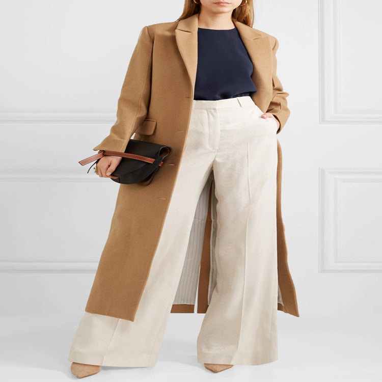Damen Bodenlanger Einreihiger Wollmix‑Mantel mit seitlichem Gehschlitz und minimalistischer Tailoring‑Optik Shop Nory