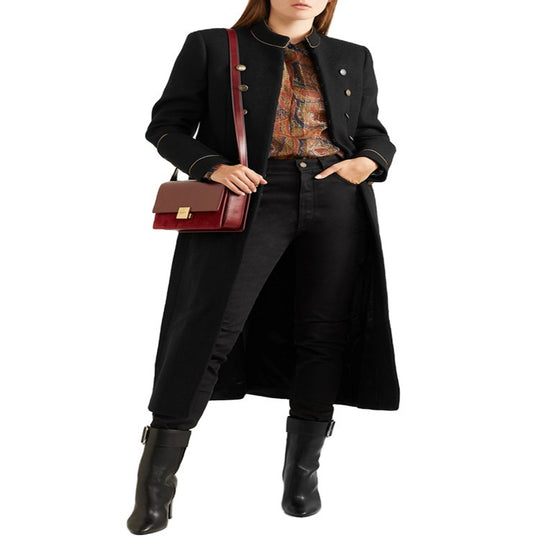 Damen Langer Militärischer Wollmantel mit goldenen Zierknöpfen und Stehkragen Shop Nory
