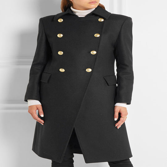 Damen Asymmetrischer Midilanger Wollmix-Mantel mit doppeltreihiger Knopfleiste und goldenen Zierknöpfen Shop Nory