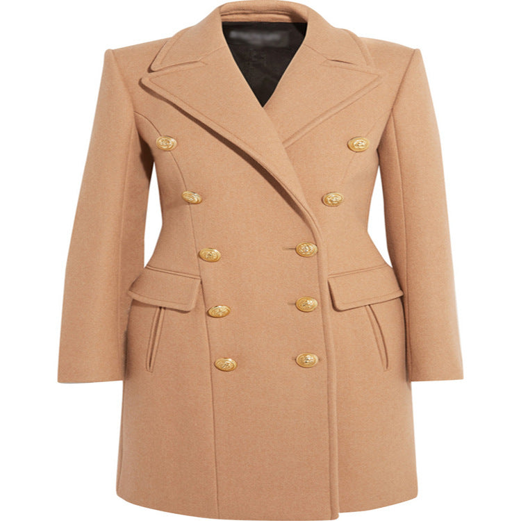 Damen Wollmix‑Longcoat im Marine‑Tailoring mit konturierter Taillierung und goldenen Zierrundknöpfen Shop Nory