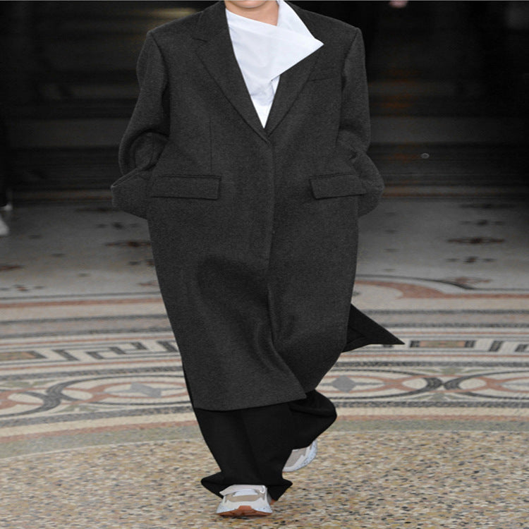 Damen Oversize Einreihiger Maxilanger Wollmix-Longcoat mit relaxter Schulter und Pattentaschen Shop Nory