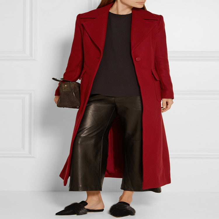 Damen Maxilanger Wollmix‑Mantel mit taillierter Nahtführung, Kellerfalte und Pattentaschen Shop Nory