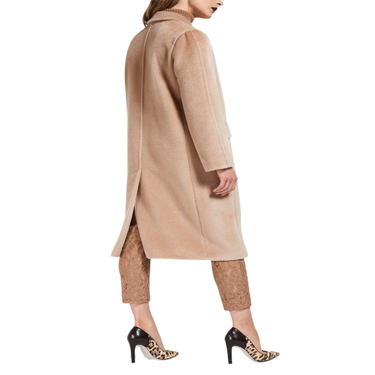Damen Midilanger Teddy‑Wollmix‑Mantel mit Doppelreihe, Pattentaschen und weichfallendem Revers Shop Nory