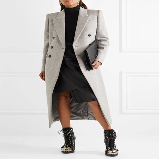 Damen Doppelreihiger Taillierter Wollmix‑Longcoat im schlanken Tailoring‑Stil Shop Nory