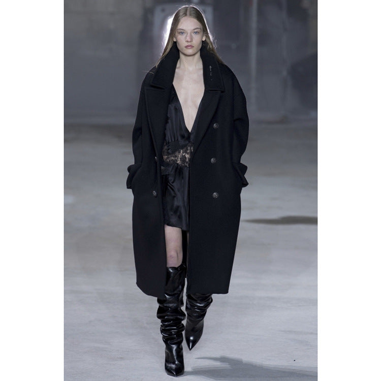 Damen Oversize Zweireihiger Longcoat mit weitem Schalkragen und relaxed Tailoring Shop Nory