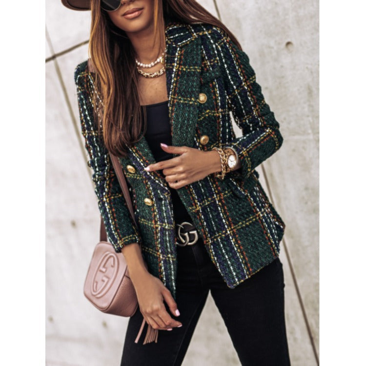 Blazer Taillierte Passform Tweed Doppelreiher Kariertes Muster