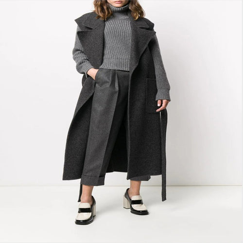 Damen Maxilanger ärmelloser Wollmix-Mantel mit weitem Schalkragen und Bindegürtel Shop Nory