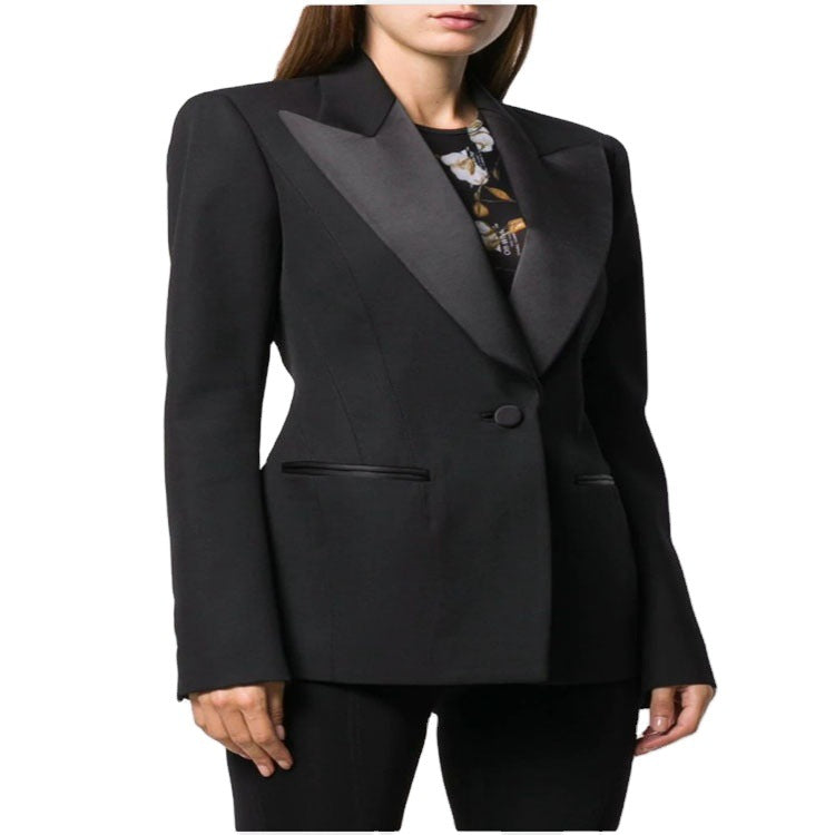 Damen Tailliertes Smoking-Blazerjackett mit Satin-Schalkragen und präzisem Tailoring Shop Nory