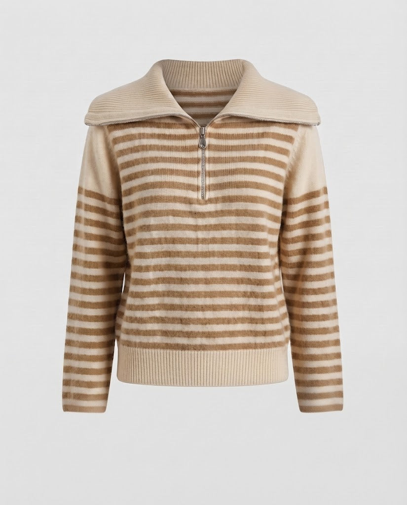 Damen Gestreifter Kurzpullover aus flauschigem Mohair‑Look mit halbem Reißverschluss und überlappendem Kragen Shop Nory