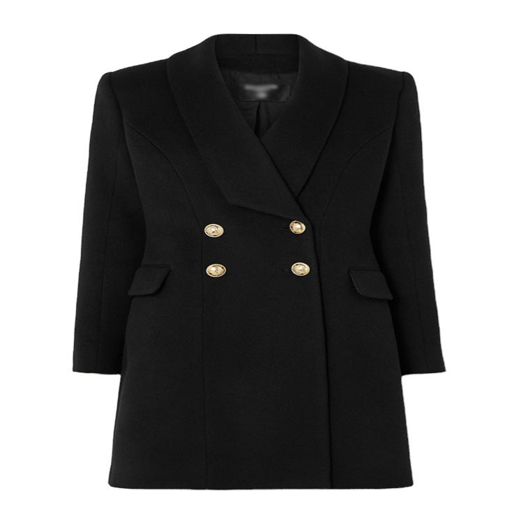 Damen Midilanger taillierter Wollmantel im Korsett‑Tailoring mit Schalkragen und goldverzierten Zierknöpfen Shop Nory