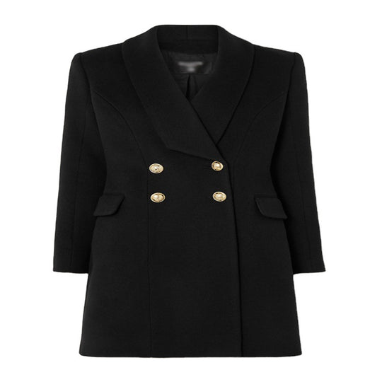 Damen Midilanger taillierter Wollmantel im Korsett‑Tailoring mit Schalkragen und goldverzierten Zierknöpfen Shop Nory
