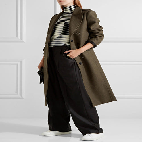 Damen doppelreihiger taillierter Wollmantel mit Reverskragen und Pattentaschen Shop Nory
