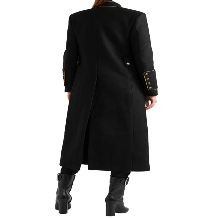Damen Langer Militärischer Wollmantel mit goldenen Zierknöpfen und Stehkragen Shop Nory