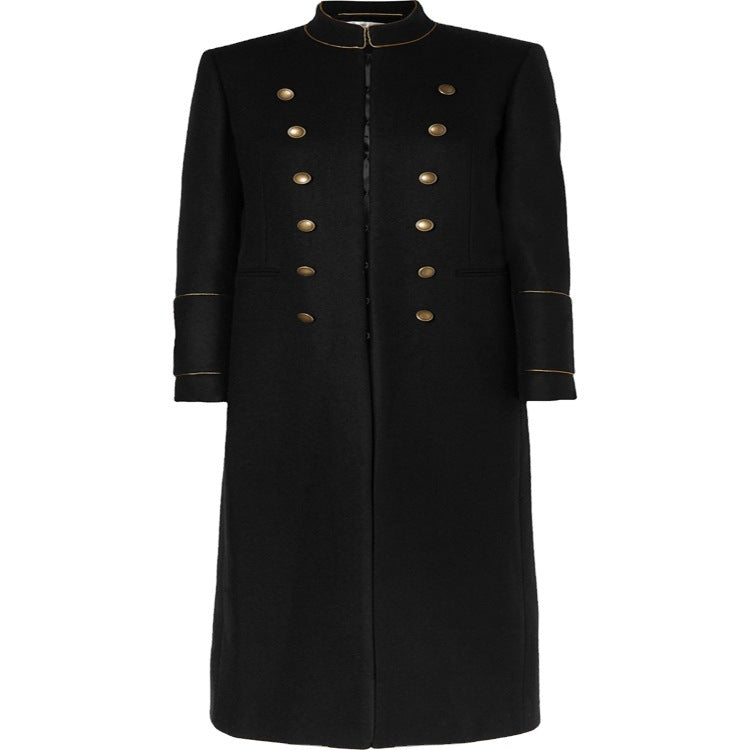 Damen Langer Militärischer Wollmantel mit goldenen Zierknöpfen und Stehkragen Shop Nory