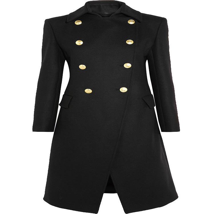 Damen Asymmetrischer Midilanger Wollmix-Mantel mit doppeltreihiger Knopfleiste und goldenen Zierknöpfen Shop Nory