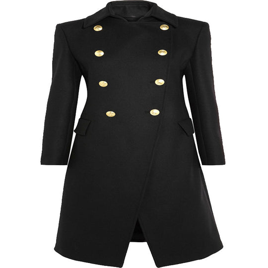 Damen Asymmetrischer Midilanger Wollmix-Mantel mit doppeltreihiger Knopfleiste und goldenen Zierknöpfen Shop Nory