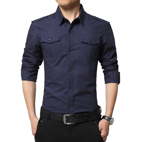 Herren Slim-Fit Baumwoll-Mix Utility-Hemd mit Schulterklappen und Brustpattentaschen Shop Nory