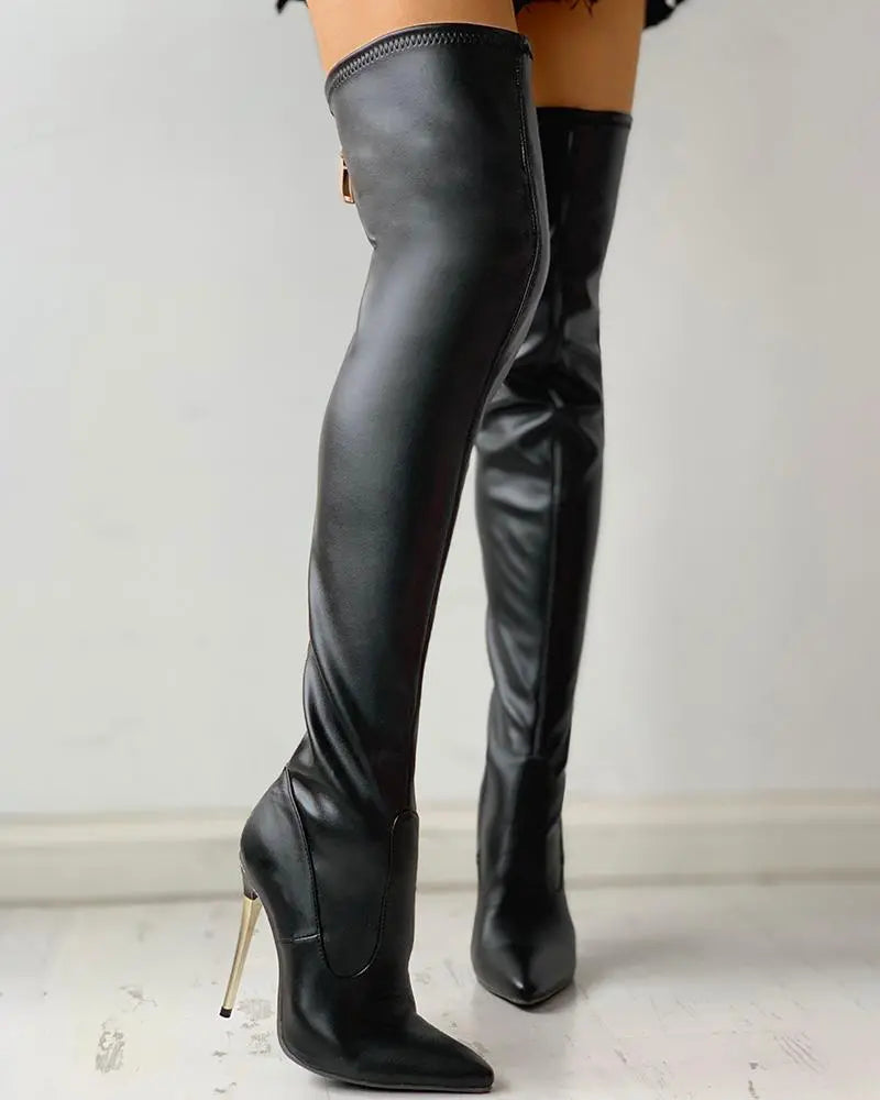 Overknee Stiefel mit Goldenem Absatz und Reißverschlussdetail
