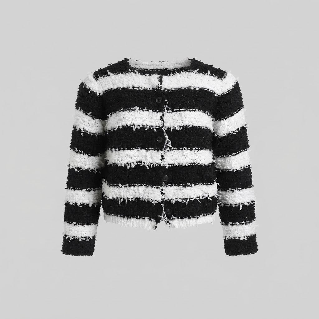 Damen Kurzgeschnittener flauschiger Strick-Cardigan mit Fransenstreifen und Knopfleiste Shop Nory