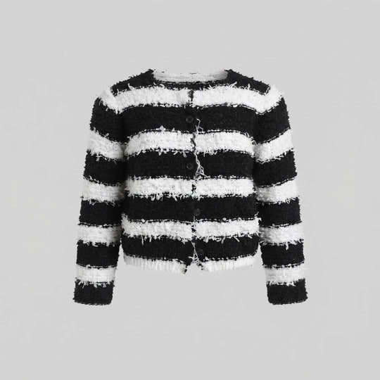 Damen Kurzgeschnittener flauschiger Strick-Cardigan mit Fransenstreifen und Knopfleiste Shop Nory