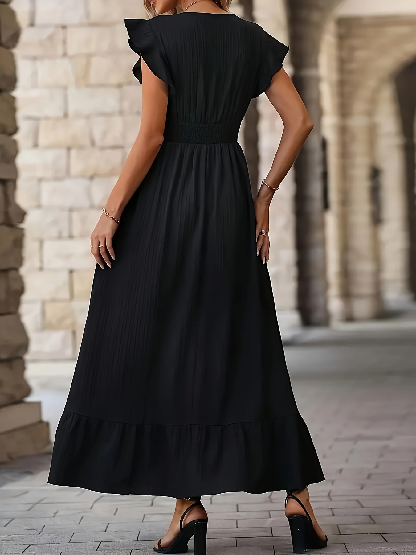 Shopnory | V-Ausschnitt Rüschenkleid mit Kurzen Ärmeln für Frauen