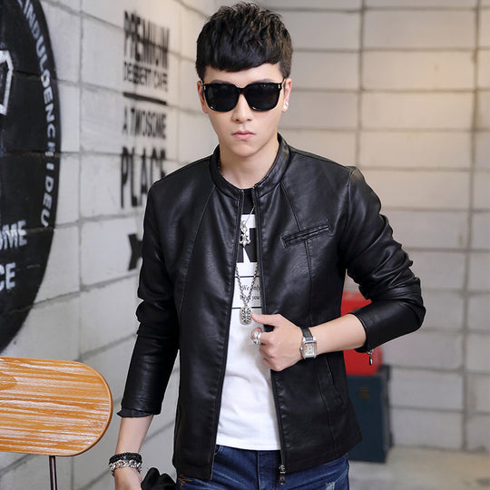 Herren Slim-Fit Kunstlederjacke im Bikerstil mit Stehkragen und Reißverschluss Shop Nory