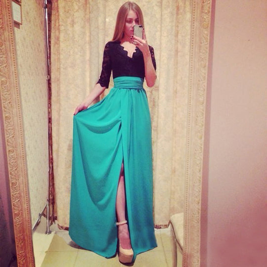 Damen Zweiteiliges Abendkleid mit Spitzen-Corsage, V-Ausschnitt & Maxirock mit hohem Beinschlitz Shop Nory