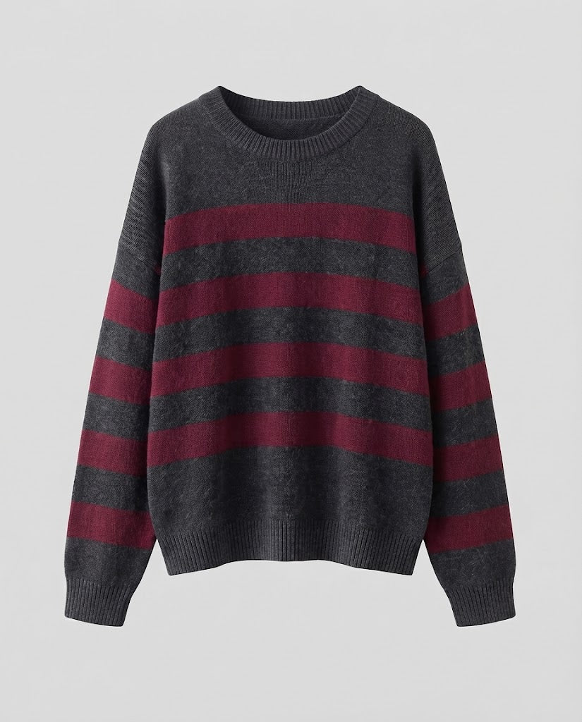 Damen Gestreifter Feinstrickpullover mit Rundhals, überschnittener Schulter und lockerer Silhouette Shop Nory