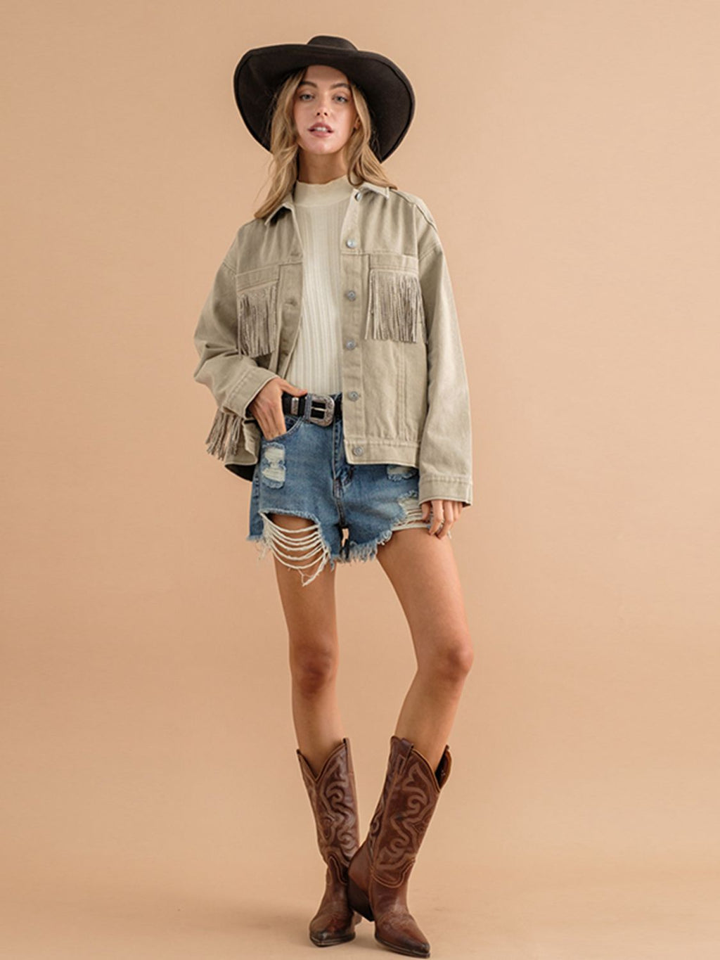 Fransen-Detail Gefallene Schulter Denimjacke